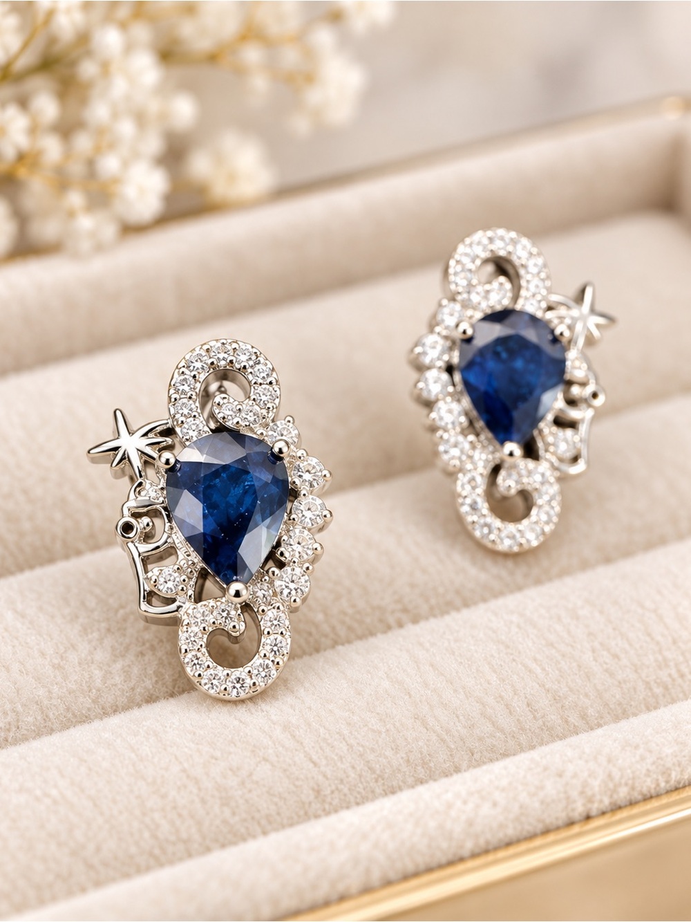Sapphire Teardrop Halo Stud Earrings with Silver Sparkle
